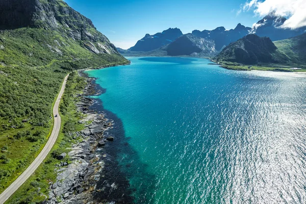 Drámai Táj Lofoten Szigetvilág Road Északi Régióiban Norvégia Napos Nyári — Stock Fotó