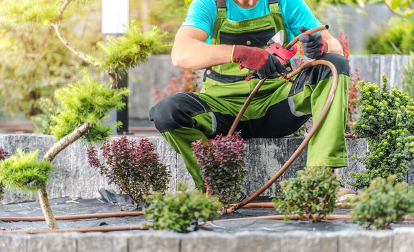 Backyard Garden Drip Irrigation System Building Performed Professional Caucasian Landscaper — Stok Foto