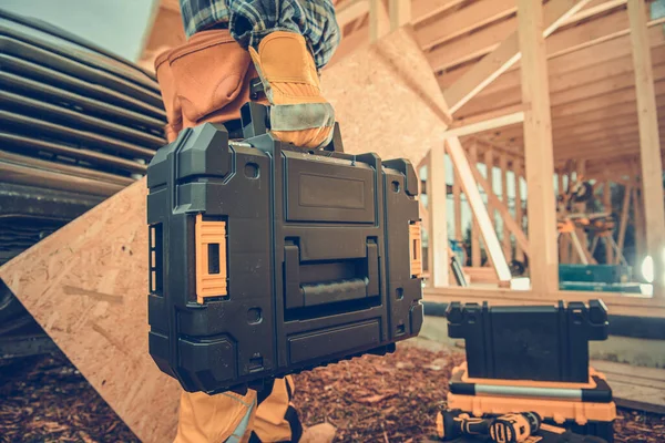 Closeup Toolbox Professional Carpentry Tools Equipment Hand Contractor Entering Building — Stockfoto
