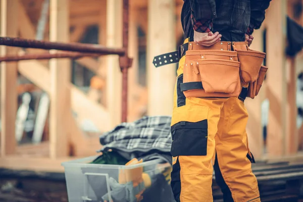 Closeup Contractor Fastening His Leather Tool Belt Preparing Start His — Stockfoto