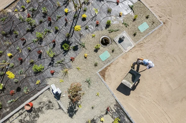 Aerial Photo Professional Landscaper Installing Weed Control Fabric Planting Trees — Stockfoto