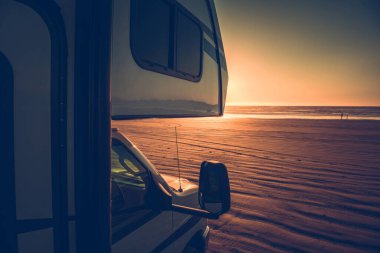 RV Class C Motorhome Beach Camping. Scenic California Coast. United States of America. Beach Boondocking.