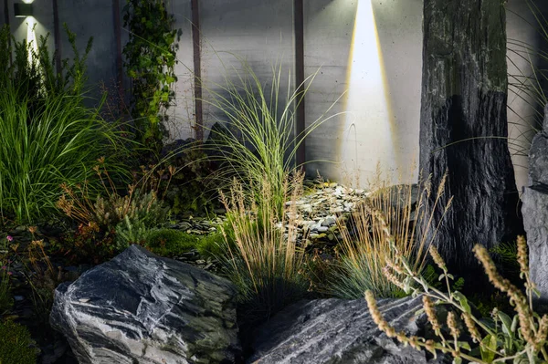 Modern Rockery Garden Illuminated Outdoor Led Lighting Calm Silent Night — Φωτογραφία Αρχείου