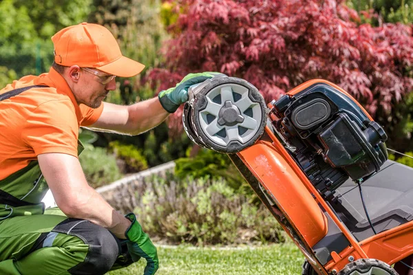 Closeup Caucasian Male Gardener His Work Wear Carefully Checking His — Stock Fotó