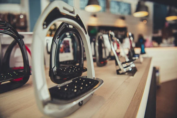 Closeup Stirrups Horse Riders Exhibited Shelf Equestrian Equipment Shop Horseback — Stock Photo, Image