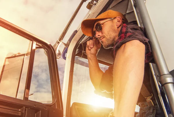 Closeup Satisfied Truck Driver Western Style Outfit Getting Out His — Stockfoto