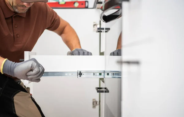 Caucasian Household Worker Assembling Drawer Slide Element Install Roll Out — Stock Photo, Image
