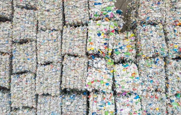 Aerial View Squeezed Plastic Material Recovered Sorting Plant Awaiting Transport — Stock Fotó