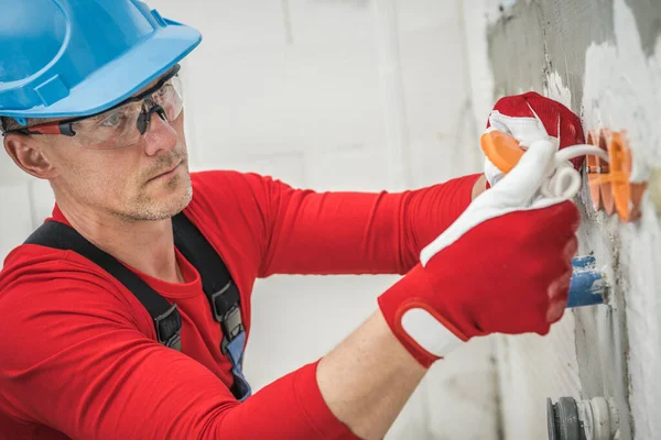 Caucasian Middle Aged Man Protective Glasses Blue Hard Hat Working — Stockfoto