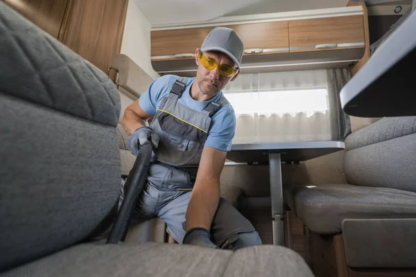 Caucasian Male Worker Taking Care Camper Van Interior Cleaning Furniture — 스톡 사진