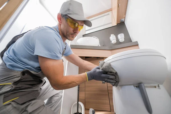 Caucasian Man Washing Toilet Surface Bathroom Cloth Making Ready New — Stockfoto