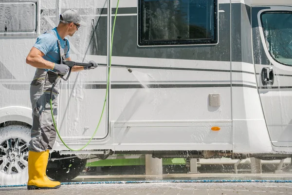 Caucasian Middle Aged Man Rubber Boots Washing His White Camper — Zdjęcie stockowe