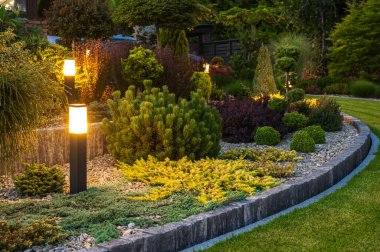 Illuminated by Modern LED Lights Residential Backyard Garden. Landscaping Lighting Technologies.