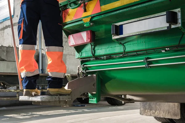 Garbage Truck Job Worker Staying Rear Side Vehicle Lower Body — Stok fotoğraf