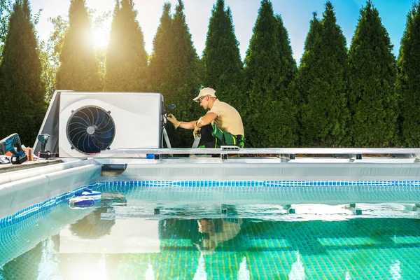 Newly Built Swimming Pool Heat Pump Installation Performed Professional Hvac — Photo