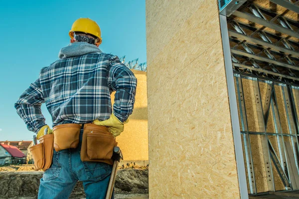 Caucasian Construction Worker Staying Next Newly Developed Wooden Aluminium Frame — Stok fotoğraf