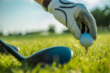 Closeup of a Ball Being Placed on a Tee by a Golf Player in White Glove. Green Course in the Background. Putter Head Laying on a Grass Ready for Action.