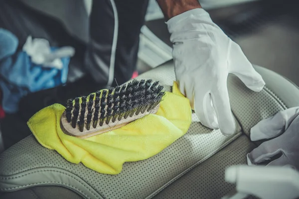 Vehicle Cleaner White Gloves Precisely Cleaning Car Leather Seats Using — Stock Photo, Image