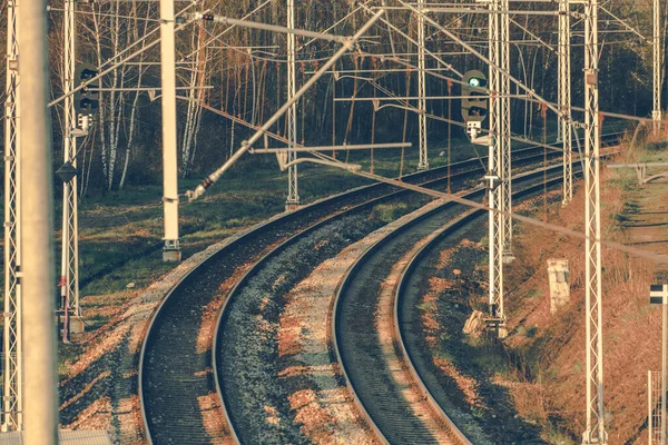 Two Sets Parallel Railroad Train Tracks Electric Power Structure Masts — Stockfoto