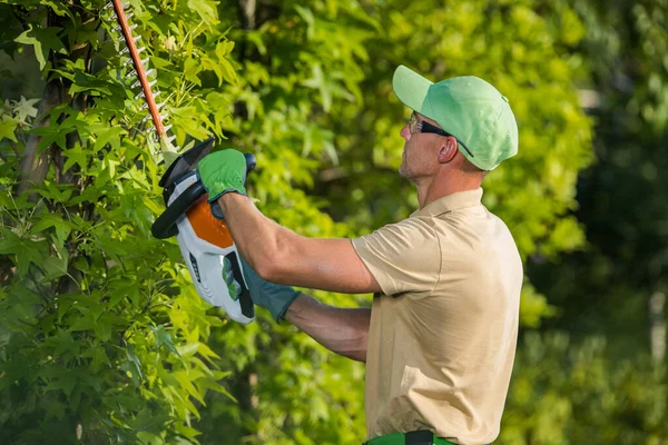 Professional Gardening Landscaping Equipment Use Caucasian Landscaper Trimming Green Trees — Fotografia de Stock