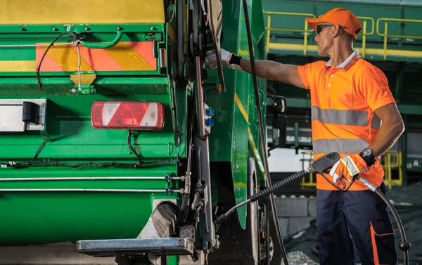 Garbage Truck Worker Pressure Washer Lance His Hands Staying Next — Fotografia de Stock