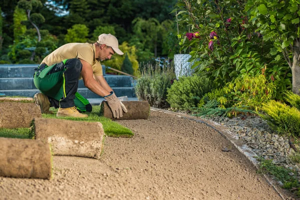 Caucasian Professional Garden Landscaping Worker Installing Fresh Natural Grass Turfs — Stock fotografie