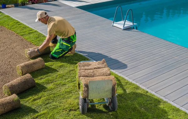 Professional Gardening Landscaping Worker Installing New Natural Grass Turfs Swimming — Foto de Stock