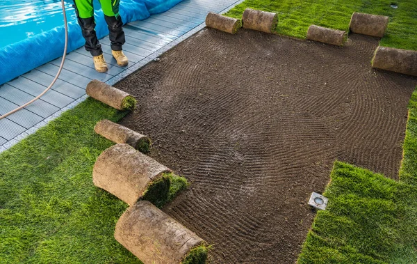 Backyard Garden Swimming Pool Area New Natural Grass Lawn Installation — Stock Photo, Image