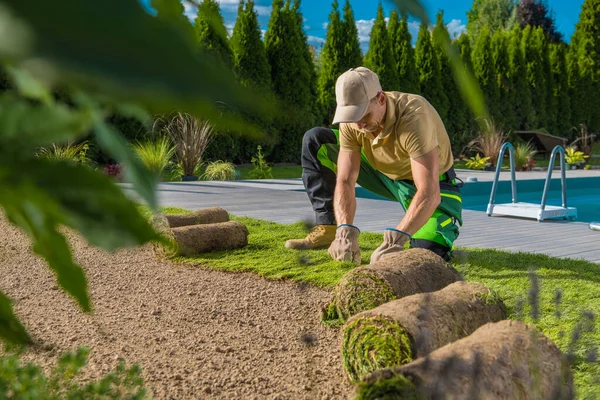 Rolls Natural Grass Turfs Installed Professional Landscaper Building Lawn Swimming — Stockfoto