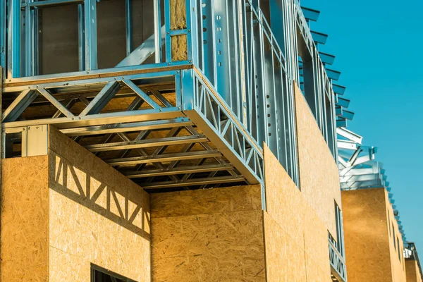 Modern Style Residential Houses Estate Construction Closeup Steel Framing Structure — Stock Photo, Image