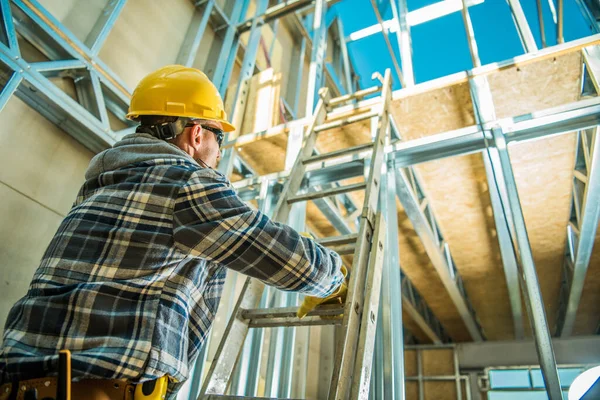 Bottom View Photo Professional Construction Worker Wearing Yellow Safety Helmet — Stock Photo, Image