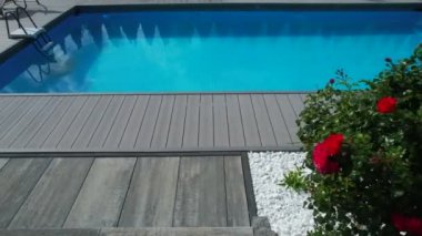 Geniş Yüzme Havuzu ve Havuz boyunca dikilen Kırmızı Güller. Havuz kenarındaki peyzaj.