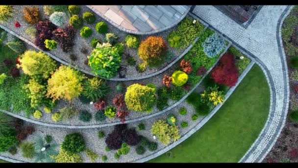 Krásná Rezidenční Rockery Zahrada Cihlovými Drahami Letecký Pohled — Stock video