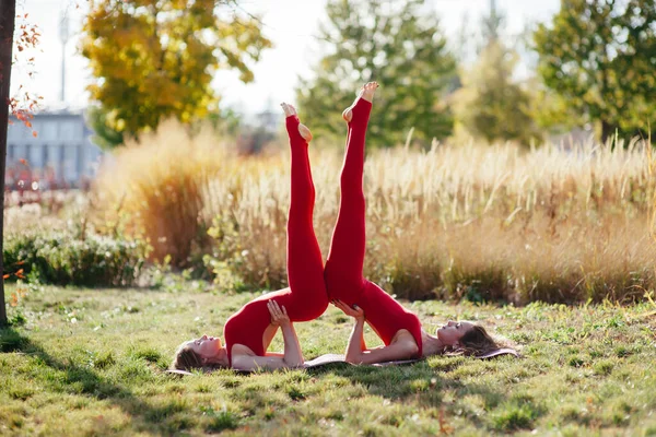 两个女人在公园练瑜伽 — 图库照片
