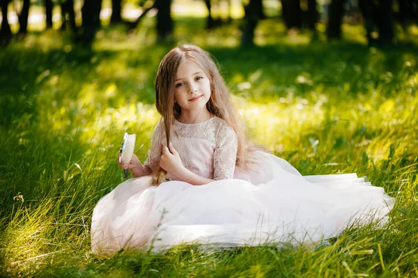小さな美しい女の子は公園で彼女の髪を結合します — ストック写真