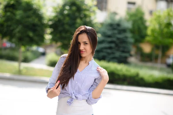 Photo Nice Cute Young Woman Smiling Touch Long Curly Brunette — Stock Photo, Image