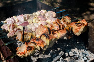 Izgarada pişmiş domuz pirzolası var. Arkaplanda Ateşin Ateşi