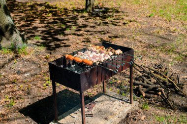 Izgarada pişmiş domuz pirzolası var. Arkaplanda Ateşin Ateşi