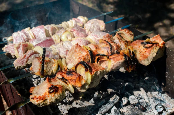 Chuleta Carne Cerdo Cocida Parrilla Barbacoa Llama Fuego Fondo — Foto de Stock