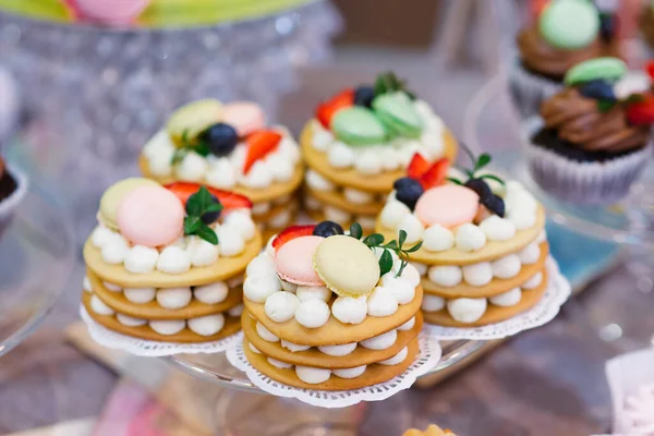 果実とプレート内の多色のケーキ — ストック写真
