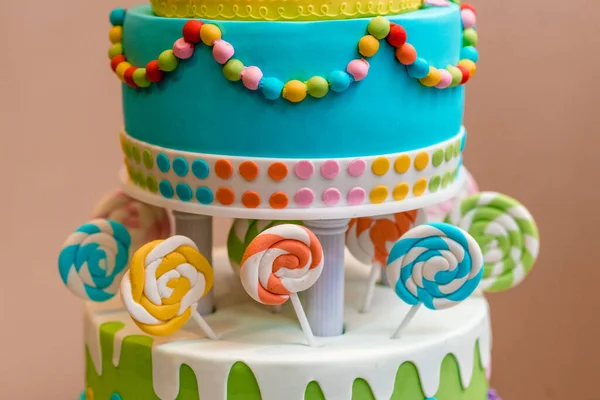 Beautiful Multi Colored Children Cake Several Layers Decorated Sweets — Stock Photo, Image