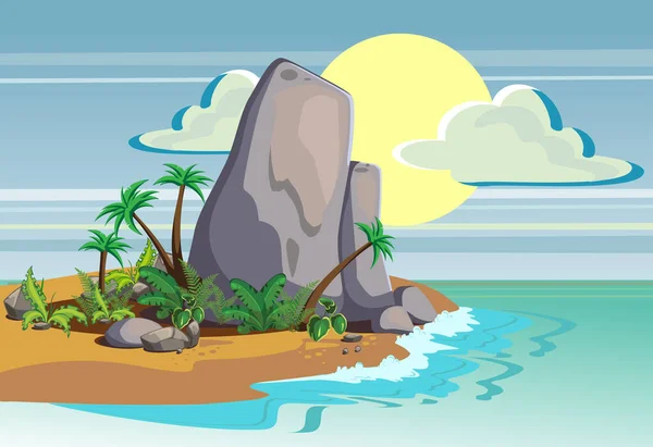 Vektorový ostrov s mořem a sluncem. Letní kreslená ilustrace. — Stockový vektor