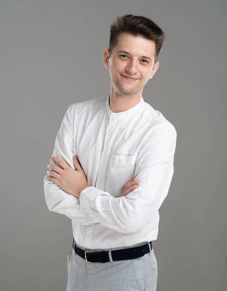 Handsome Confident Young Man Standing Smiling White Shirt Yanong Man —  Fotos de Stock