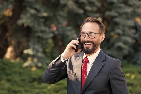 Portrait Happy Professional Suit Talking Cell Phone Outdoor Green Park — Fotografia de Stock