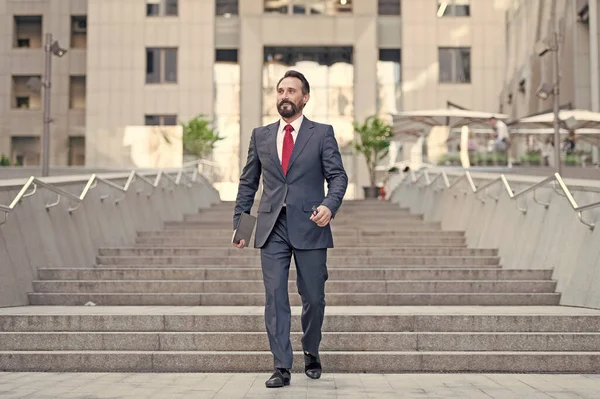 Business Officer Walks Downstairs Tablet Hand Contemporary Businessman Walking Outdoor — Fotografia de Stock