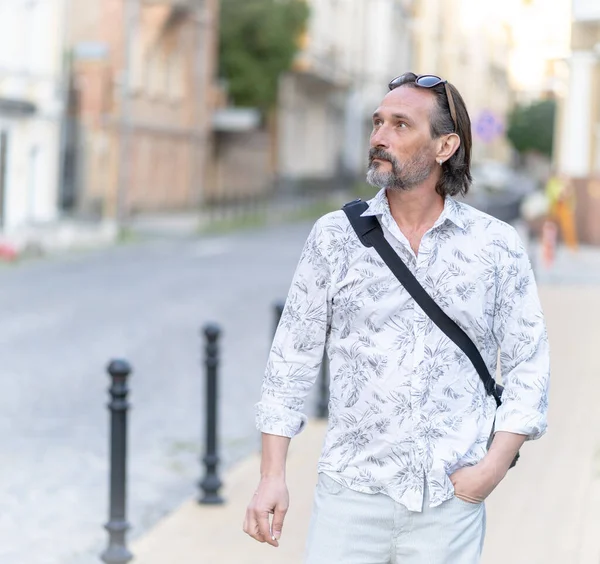 Man Walking City Street Looking Handsome Bearded Man Standing Street — Stock Fotó