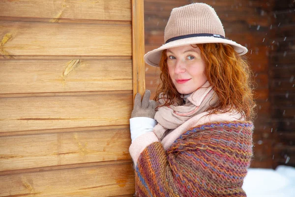 Woman Aged 40S Coat Hat Knitted Scafr Wooden Wall — 스톡 사진