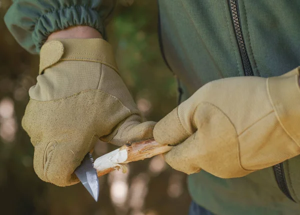 Hunter man hands in tactical gloves with knife cut a wooden stick. Man lumberjack sharpens a wood stick for campfire in the forest. Close-up hands cutting tree branch outdoors. Man making timber log.