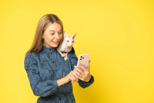 Attractive Young woman with sphynx cat on shoulder reading message on mobile phone and smiling. Charming woman looking happy at smartphone screen, isolated standing over yellow background.