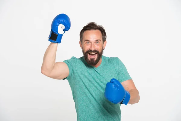 Excited Cheerful Middle Aged Bearded Man Celebrating Success Wearing Boxing — Stock Photo, Image